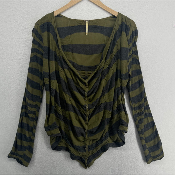 Free People Sweaters - FREE PEOPLE Sweater XS Crumpled Striped Cardigan Slouchy Button Up Cotton Green
